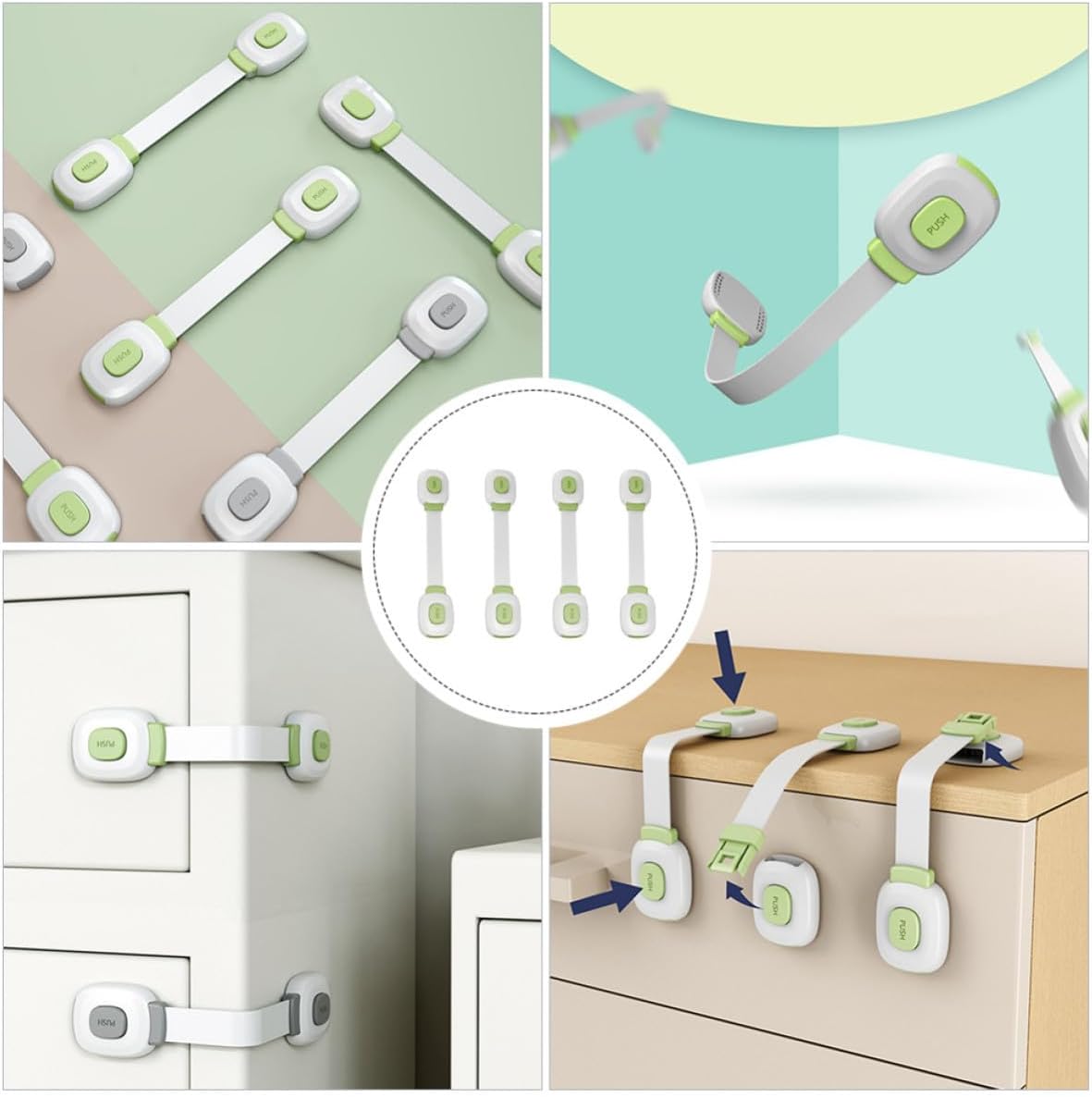 Wakauto 4pcs Childproof Cabinet Locks with Adhesive Backing, Proof Latches for Safety, Abs and Pe Material Strap Locks to Protect Appliances and Toilet Seat