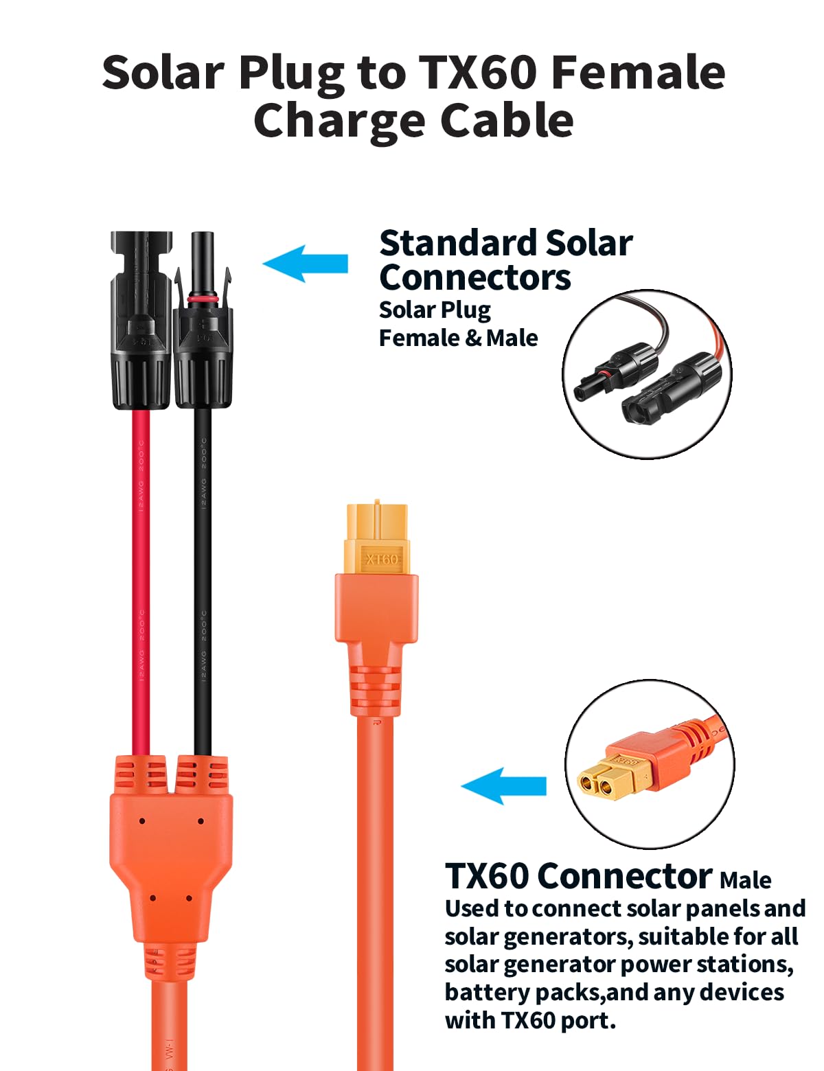 Cavo solare con connettore XT60, cavo per pannello solare da 5 metri, cavo di ricarica solare, cavo solare, 12 AWG, compatibile con EF DELTA 2 e River Pro MAX Powerstation 757, pannello solare