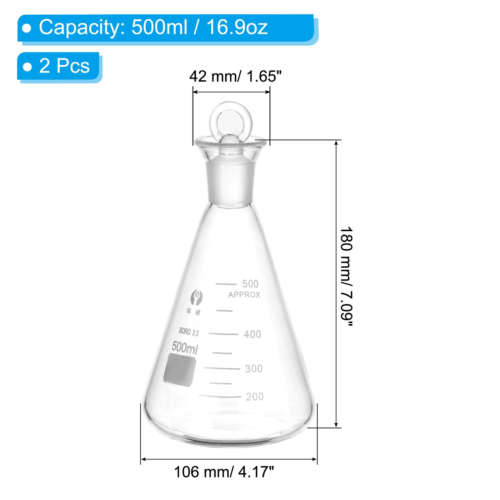 PATIKIL Pallone Di Erlenmeyer 2 Pezzi 500ml 16.9oz Bocca Stretta Con Tappo In Vetro Palloni Graduati In Vetro Borosilicato Con misura Stampata Per Esperimenti Di Chimica Scienza