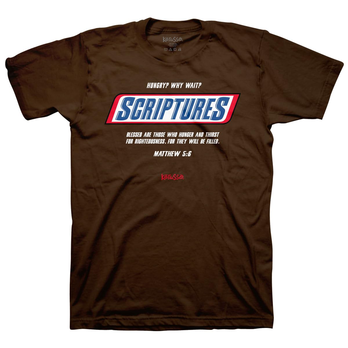 KerussoFaith Message, Unisex Adult, Chocolate Brown, Comfortable Cotton, Crew Neck T-Shirt, Hungry? Why? Wait? Scriptures