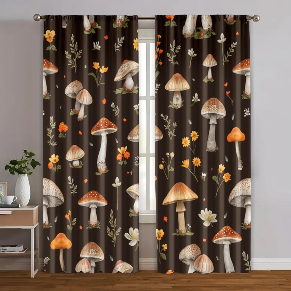 Forest Mushroom Curtains for Living Room, Boho Flower Plant Window Drapes with Grommets, Decorative Print Room Darkening Thermal Insulated Privacy Drapes for Bedroom Nursery, W55" x L63" x 2 Panels