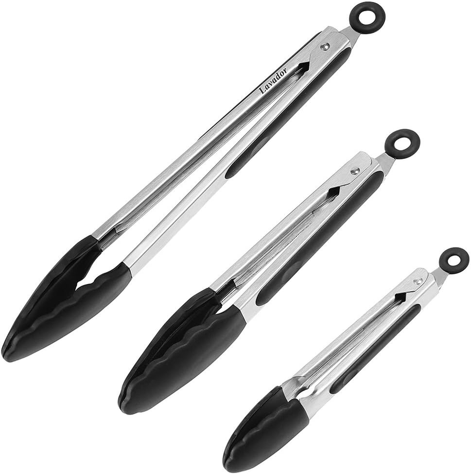 Kitchen Tongs Set of 3, Stainless Steel BBQ Cooking Tongs With Silicone Tips For Barbecue, Cooking, Salad, Grilling, Frying - 7, 9, 12 Inch (Black)