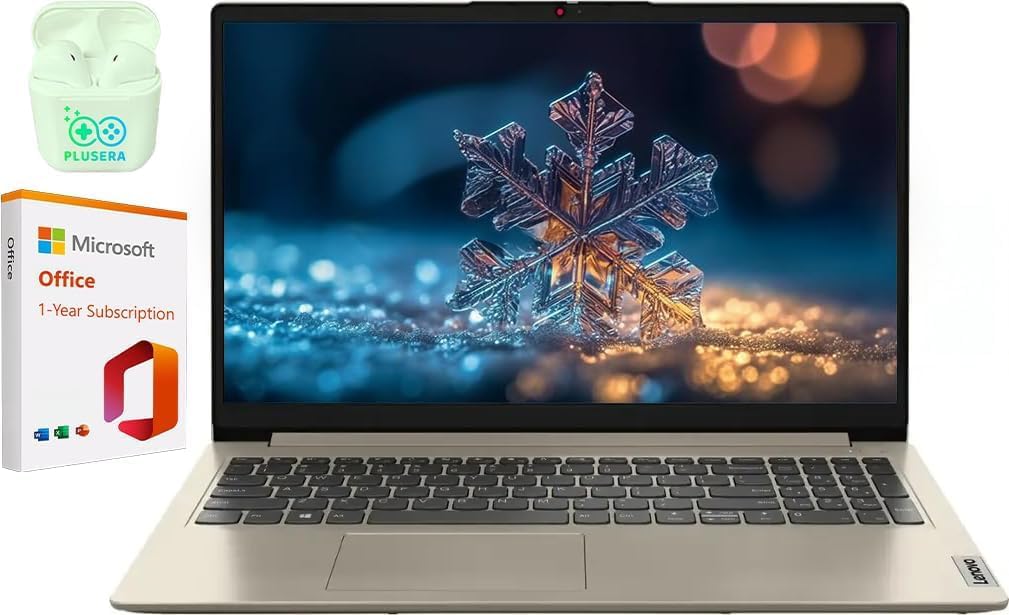 Lenovo IdeaPad 15.6" Laptop, Windows 11 Pro with 1-Year Microsoft Office 365 Included, Intel Celeron Processor, PLUSERA Earphones (Sand, 12GB RAM | 640GB Storage)