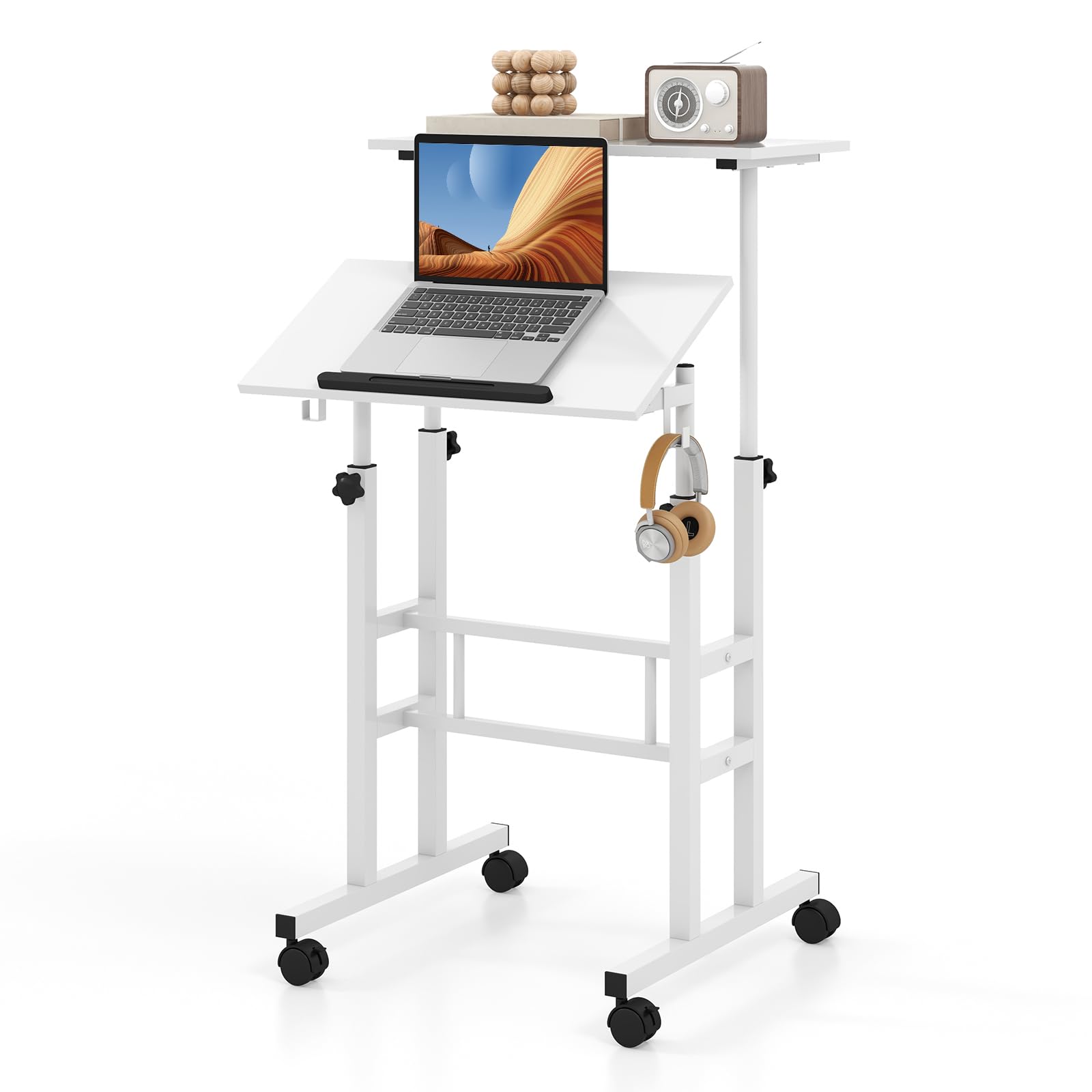 COSTWAY Stehpult Höhenverstellbar, mobiler Computertisch mit Rollen, neigbarer Tischplatte & 2 Haken, Schreibtisch, Steh-Sitz-Tisch, Laptoptisch für Zuhause, Büro (Weiß)