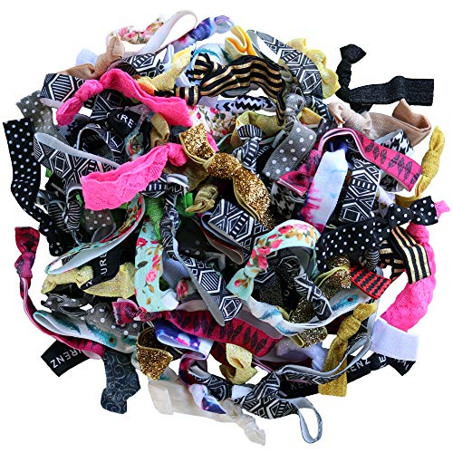 Kenz Laurenz 100 Hair Ties No Crease Ribbon Elastics Ouchless Ponytail Holders Hair Bands (100 Hair Ties-Mixed Prints &amp; Solids)