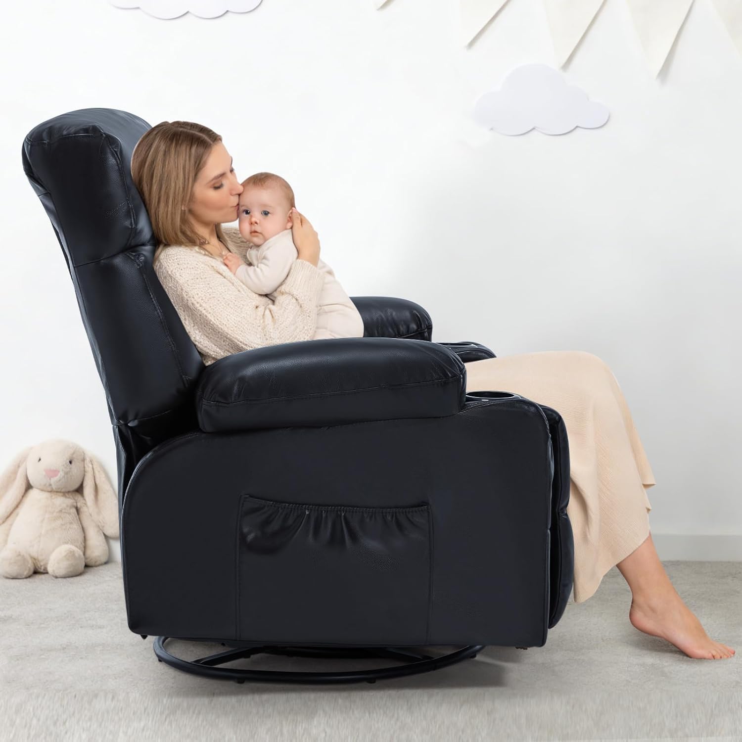 Rocker Recliner Chair with Heat and Massage, Wide Seat Heated Massaging Reclining Chair, Faux Leather Manual Swivel Rocking Recliners with Cup Holder, Black