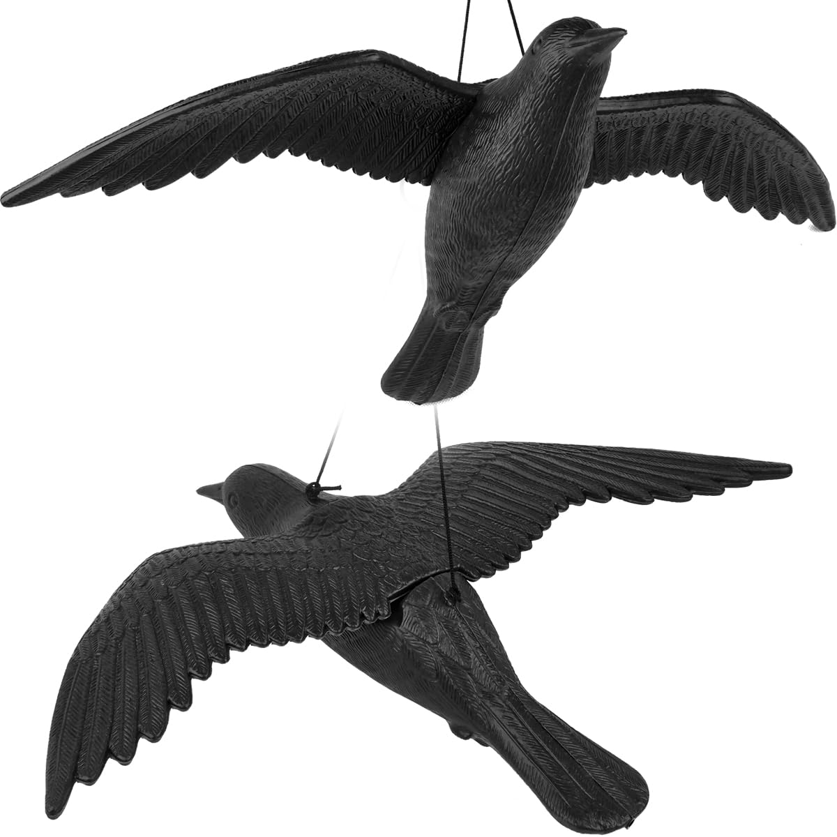 2 Schwarz Raben Attrappe, krähenattrappe Taubenschreck Rabe, Plastik Raben zur Abschreckung krähenschreck zum Aufhängen, Vogelschreck Fliegende Krähe, Balkon & Garten