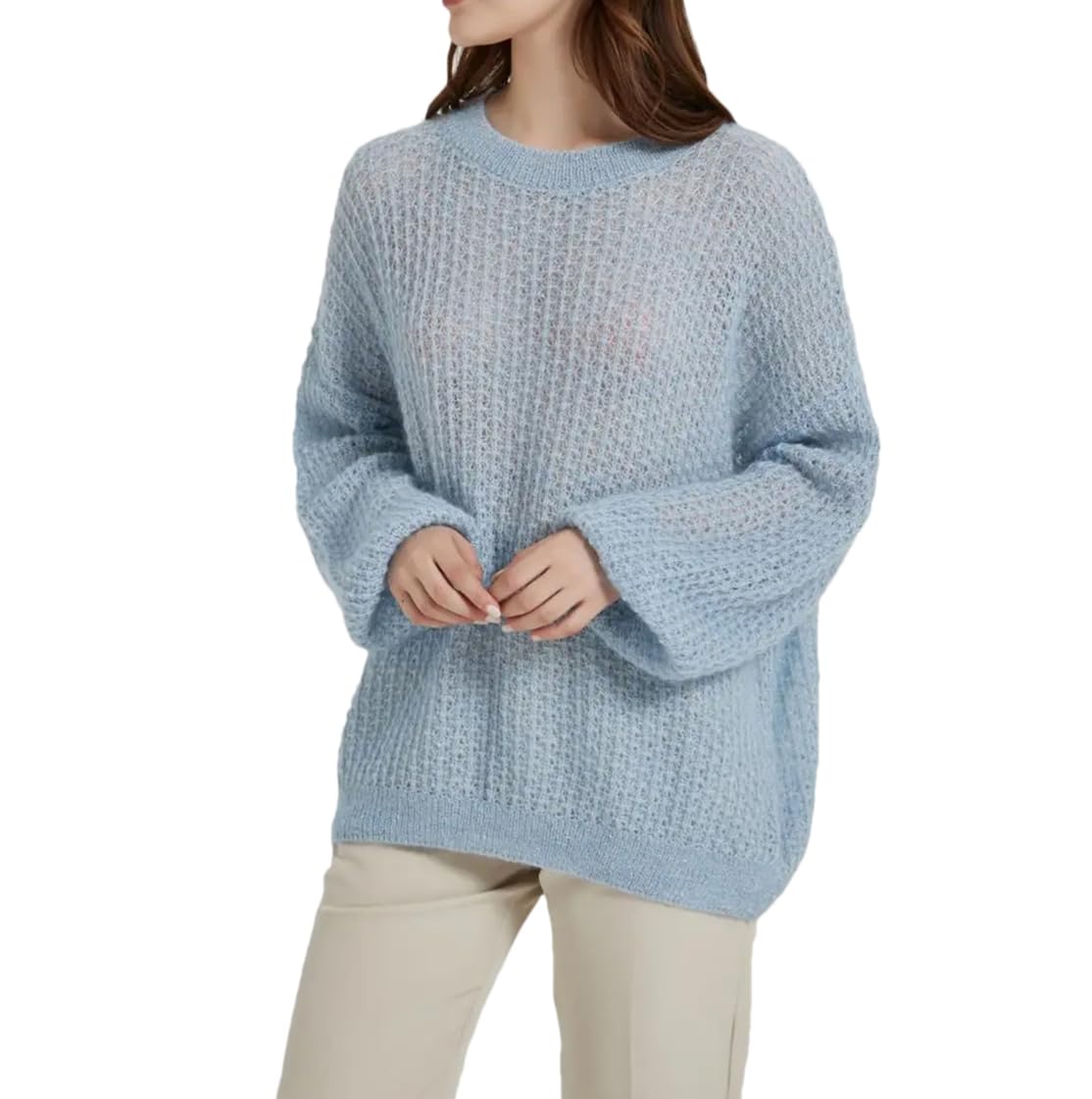 Damski sweter z dzianiny moherowej okrągły dekolt z bufiastymi rękawami splot luźny sweter dzianinowy sweter top