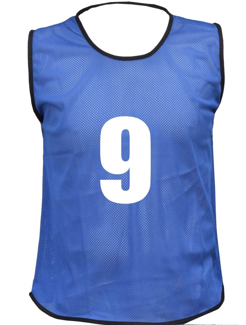 15 MESH BIBS FOOTBALL TRAINING SPORTS BIBS PRINTED NUMBER (1-15 OR number of your choice) Back only (Blue, Kids (U 5's))