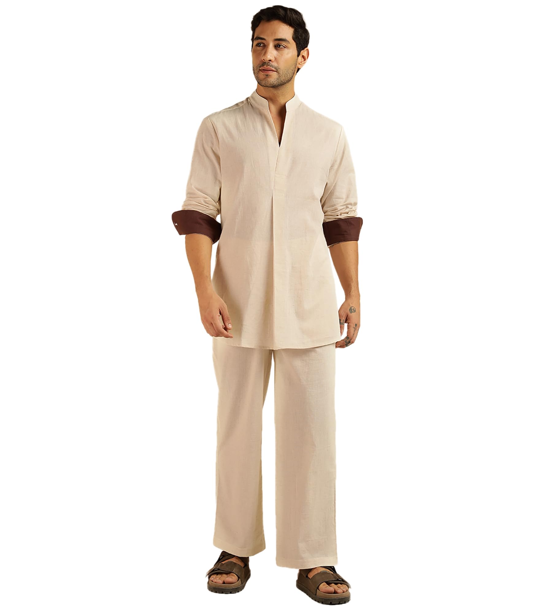 Men's Striped with Solid Pure Cotton Co-Ord Set For Men|2 Piece Sets|Trouser & Shirts Combo|Vacation Dress|Casual|Latest|New (Off White)-image-48