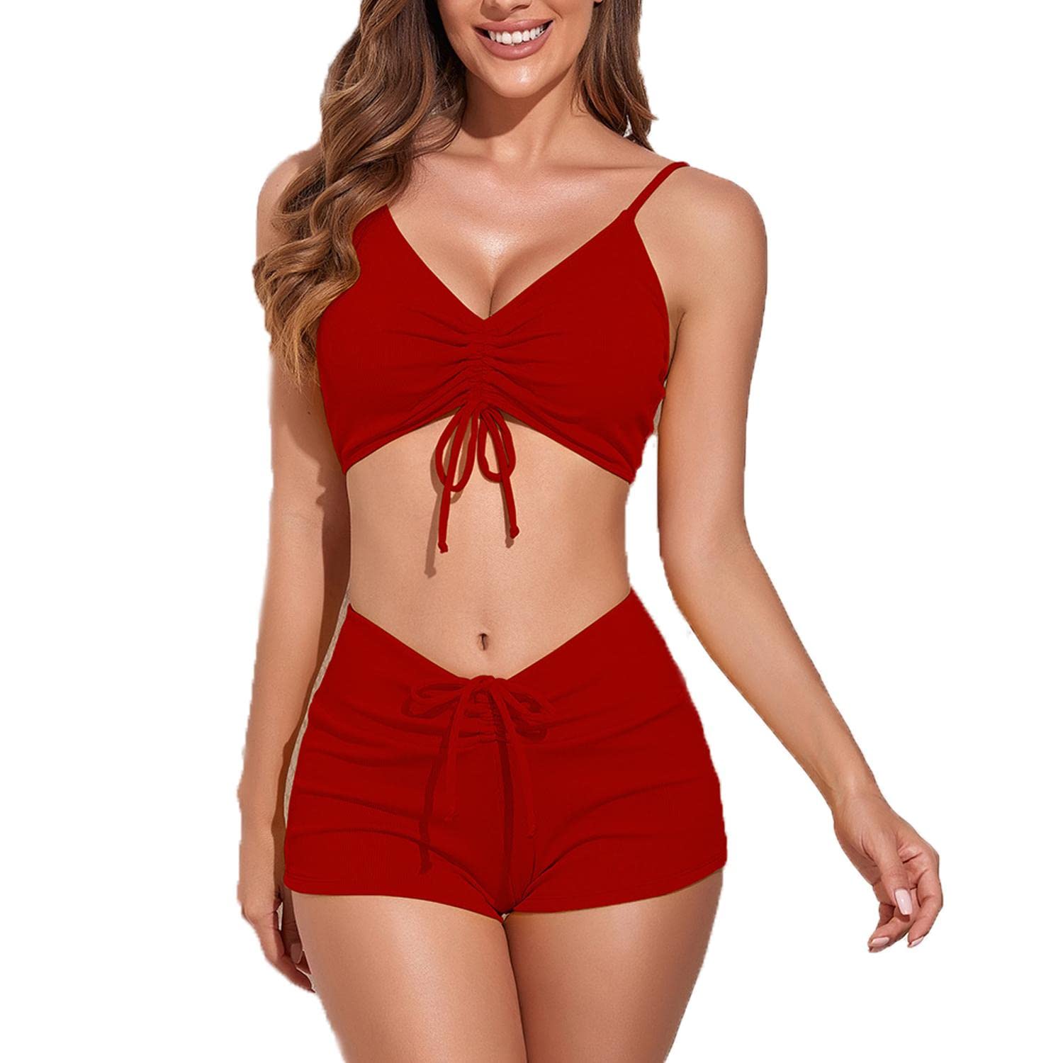 TBSCWYF Traje de Baño para Mujer Bikini Set Halter Bañador Ajustable Push Up Acolchado Sujetador Short con Cordón de Ajuste Deportivo Swimsuit Dos Piezas Halter Bikini Set Ajustable Push Up Acolchado