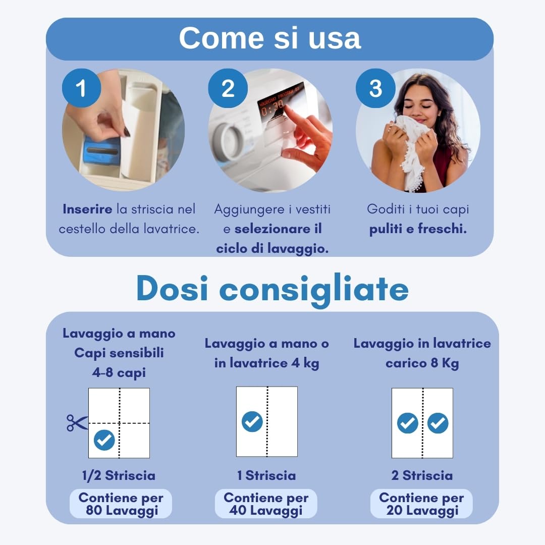 Detersivo in Fogli per Lavatrice (Fino a 400 Usi) Ecologico, Ipoallergenico, Senza Plastica, Sapone in Fogli per Bucato Pulito e Morbido, Perfetto per Viaggio, Bimbi e Pelli Sensibili (Floreale)