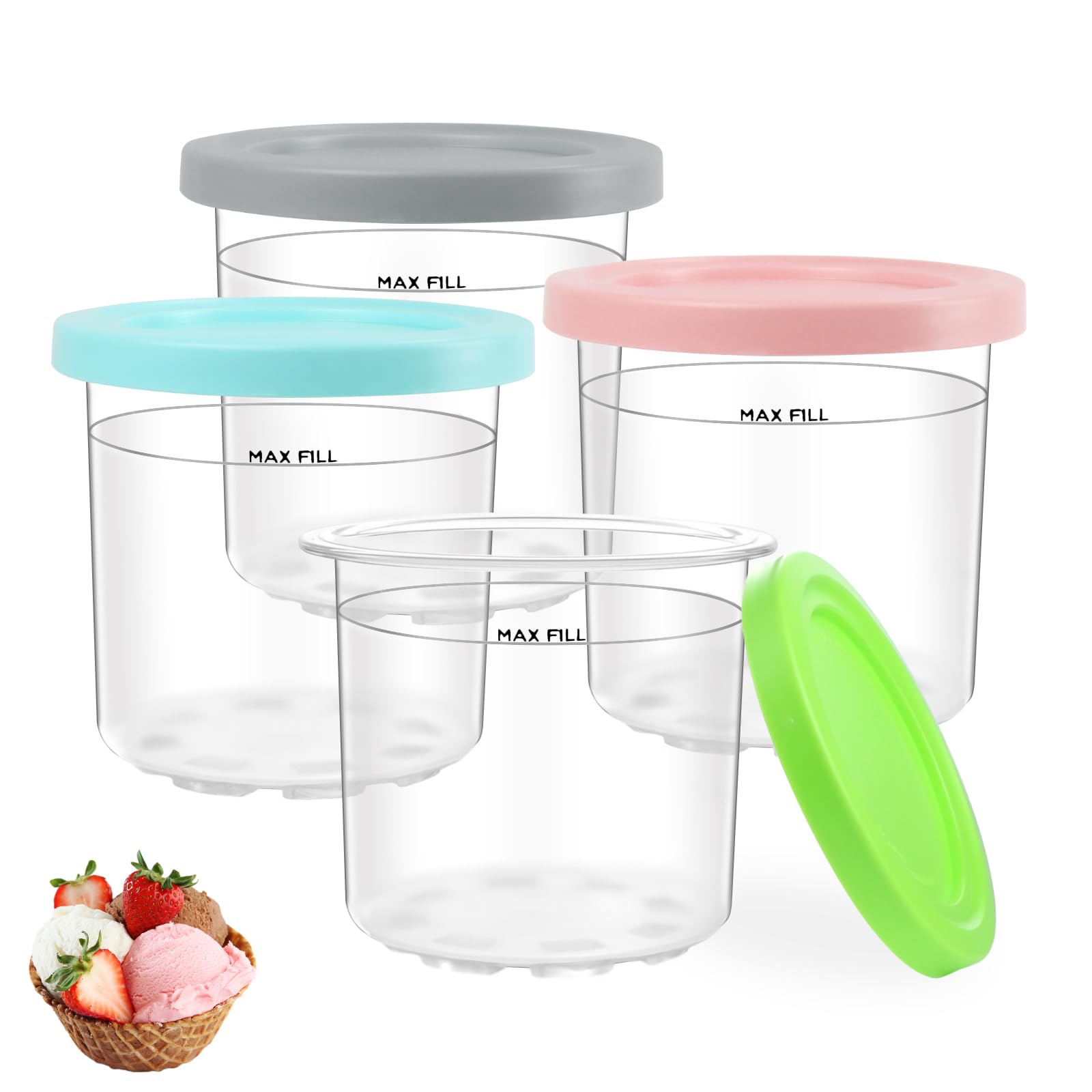 Nepfaivy Containers Replacement for Ninja Creami Pints and Lids - 4 Pack, 16oz Cups Compatible with NC301 NC300 NC299AMZ NC290 Series Ice Cream Maker - Dishwasher Safe