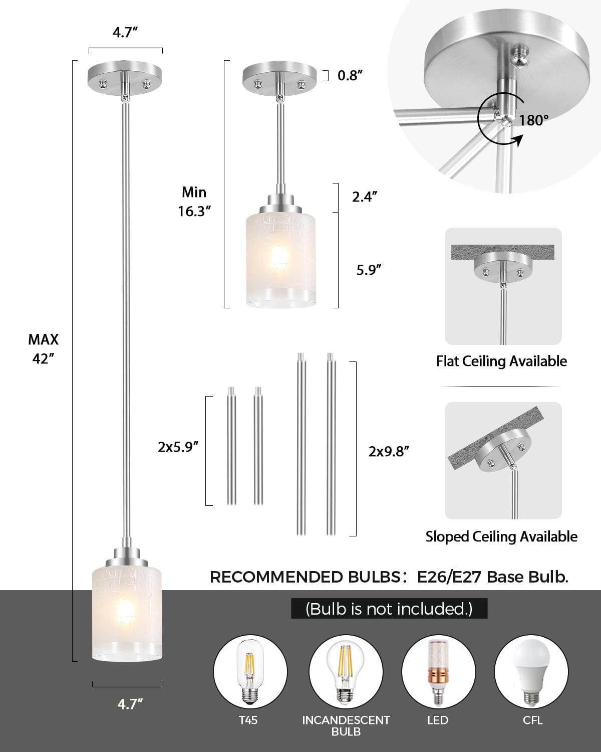 Cerdeco Modern Glass Pendant Light 2 Pack with Linen Frosted Glass Shade,Height Adjustable Hanging Pendant Lighting,Kitchen Island Lighting,Brushed Nickel Finish,UL Listed