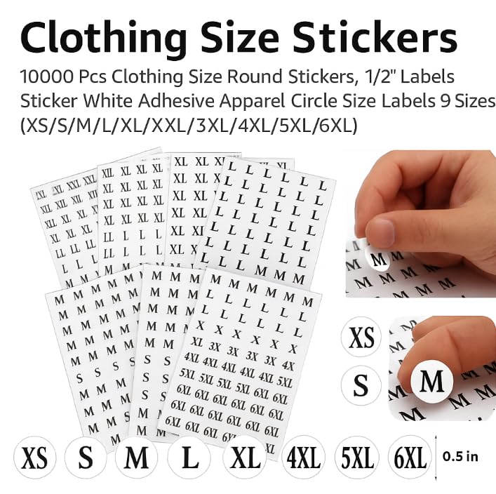 Clothing Size Stickers XS-6XL – 1/2" Round White Adhesive Labels for Apparel, Retail, Warehouse, Garment Sorting & Inventory – Bulk Packs 5000/10000pcs (5000, XS/S/M/L/XL)-image-18