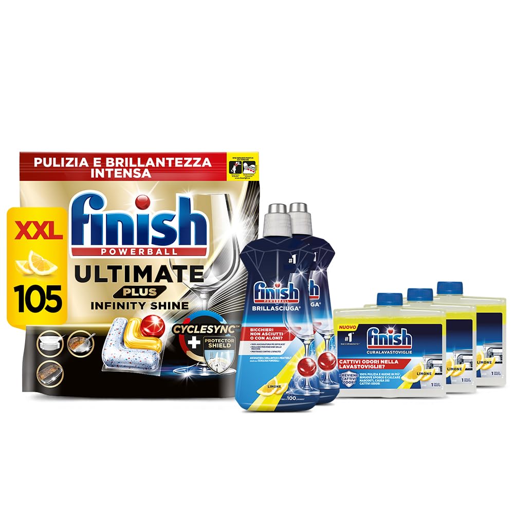 Finish Kit Lavastoviglie, 105 Pastiglie Ultimate PLUS Infinity Shine al Limone contro lo Sporco e i Residui Incrostati, 2 Brillantante Lemon da 500ml, 3 Curalavastoviglie al Limone da 250ml