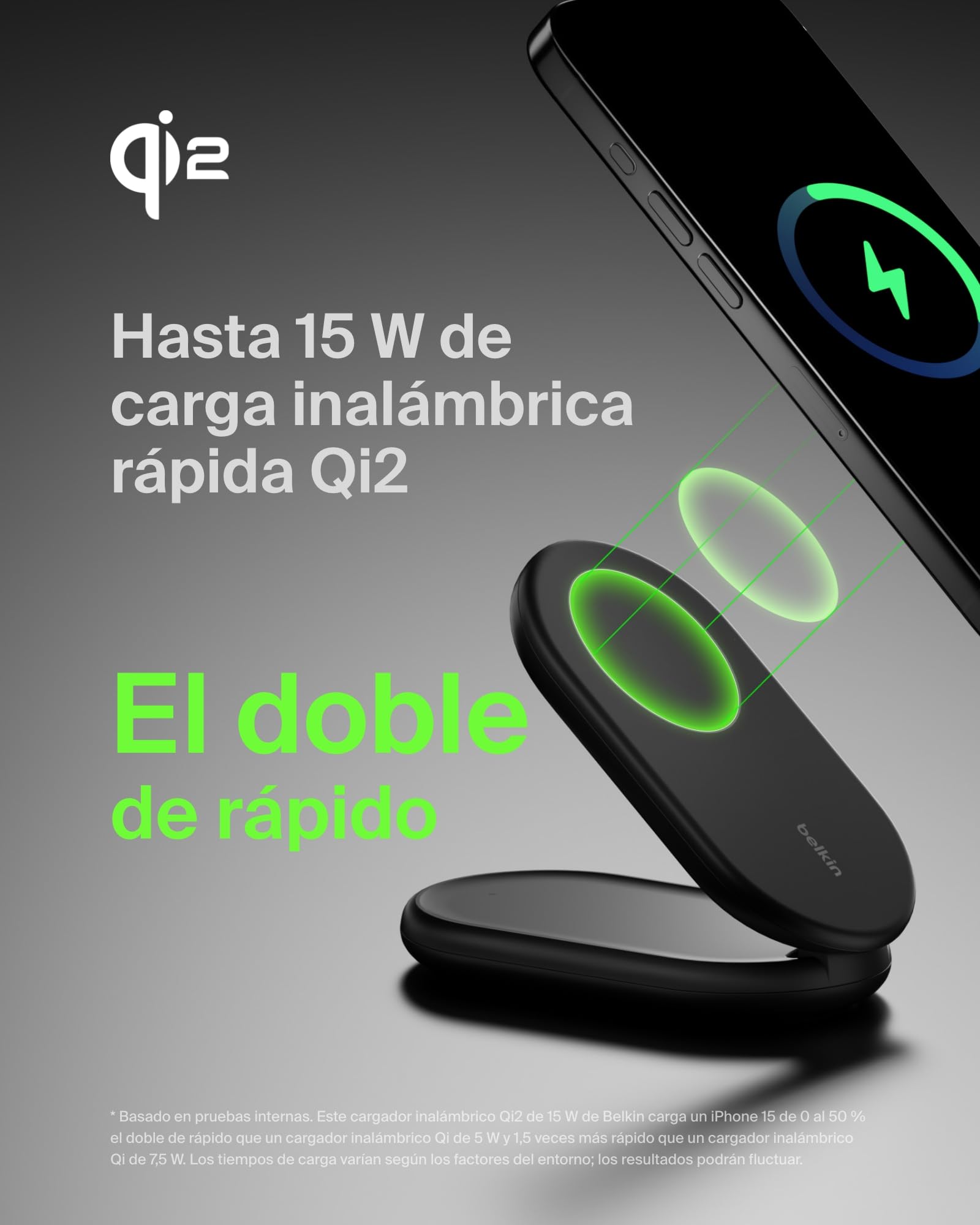 Belkin BoostCharge Cargador Inalámbrico con Qi2, Soporte Magnético Compatible con MagSafe y Standby 15 W, Cargador Rápido portátil, iPhone 17, 16, 15, 14 y 13 - con Fuente de alimentación - Negro