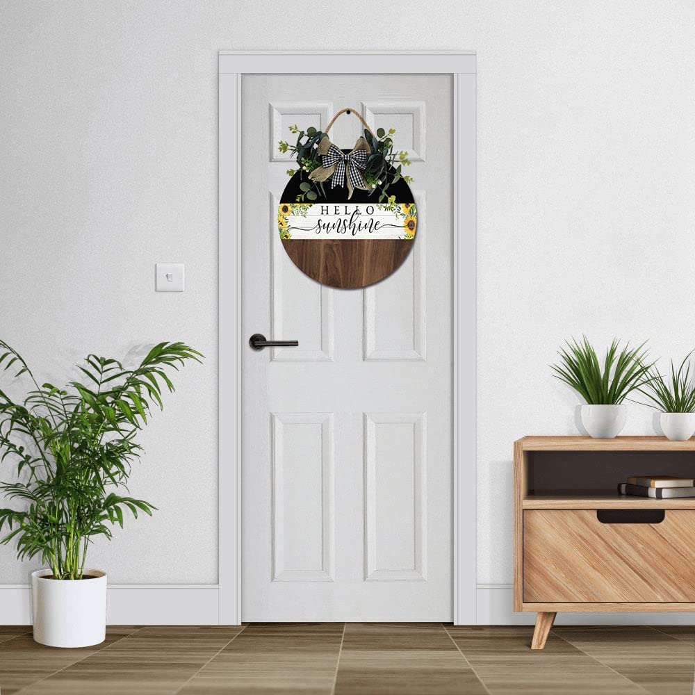 Hello Sunshine Front Door Sign Funny Wreaths Hanging Wooden Plaque Decoration Round Rustic Wood Farmhouse Porch Decor for Home Front Door Decor, 12 x 12 Inch