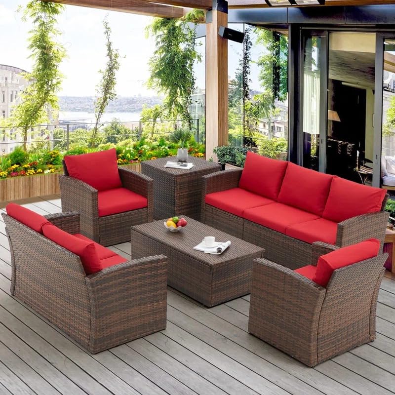 Image of 7 Seater Outdoor Conversation Set Patio Furniture Set All Weather Wicker Sectional Couch Sofa Dining Table Garden, Poolside, Balcony, Backyard.(Dark Brown and Red Color)
