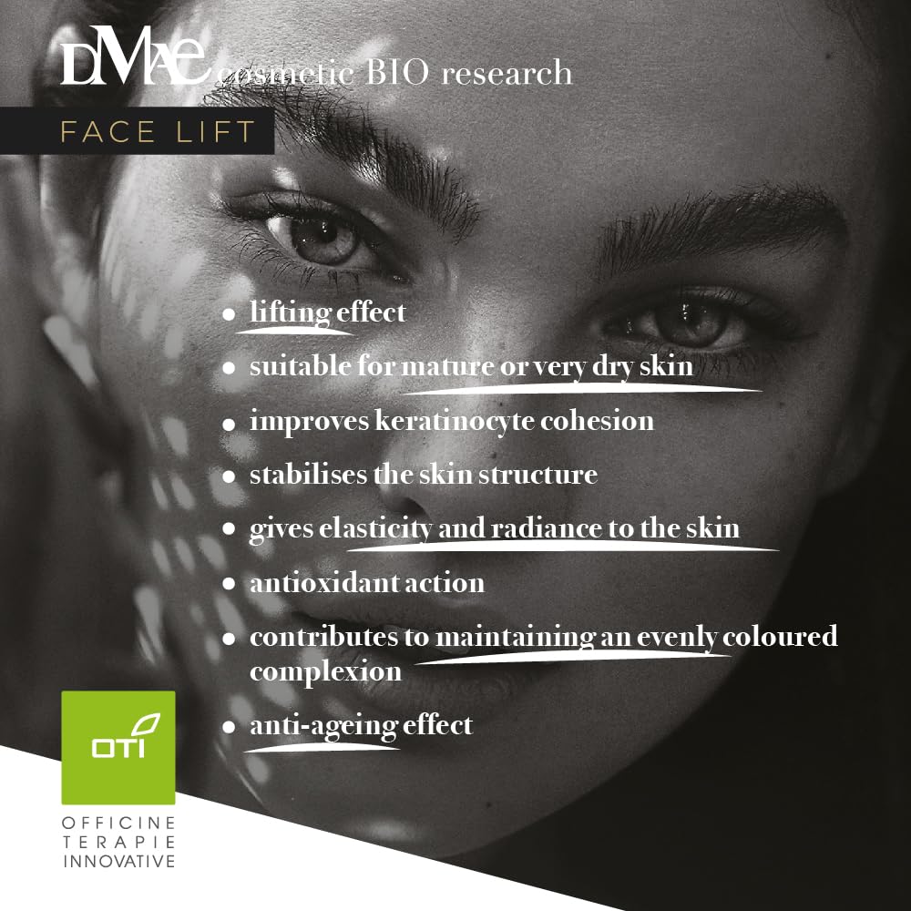 DMAE Face Lift, Crema viso con DMAE (liposomi), Acido alfa-lipoico stabilizzato, Vitamina E, Vitamina C. Senza conservanti. 75 ml. Prodotto in Italia, non testato sugli animali.