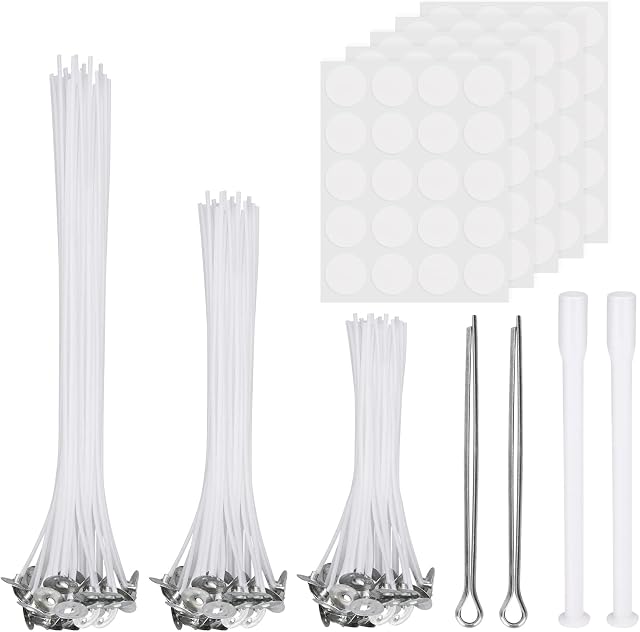 VIKY® Zestaw knotów do świec, 100 sztuk, knoty do świec, bezdymne, zestaw do samodzielnego wykonania, knoty do świec DIY, lampy olejowe, do aromaterapii, trzy długości (10/15/20 cm)