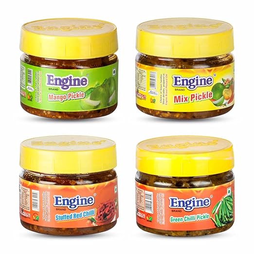 Engine Home Made Achar Combo of Mango Pickle(200g), Mix Pickle(200g), Stuffed Red Chilli(200g), Green Chilli(200g) Homemade Mix Vegetable Achaar/ kachi Ghani Oil Mixed Pickle