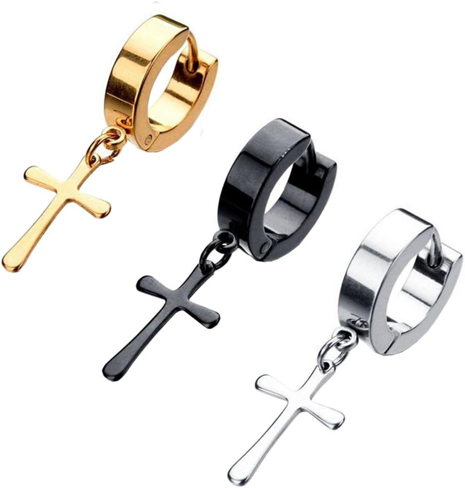 Kiokioa Stainless Steel Cross Dangle Hinged Hoop Huggie Earrings for Men Women 3 Pairs