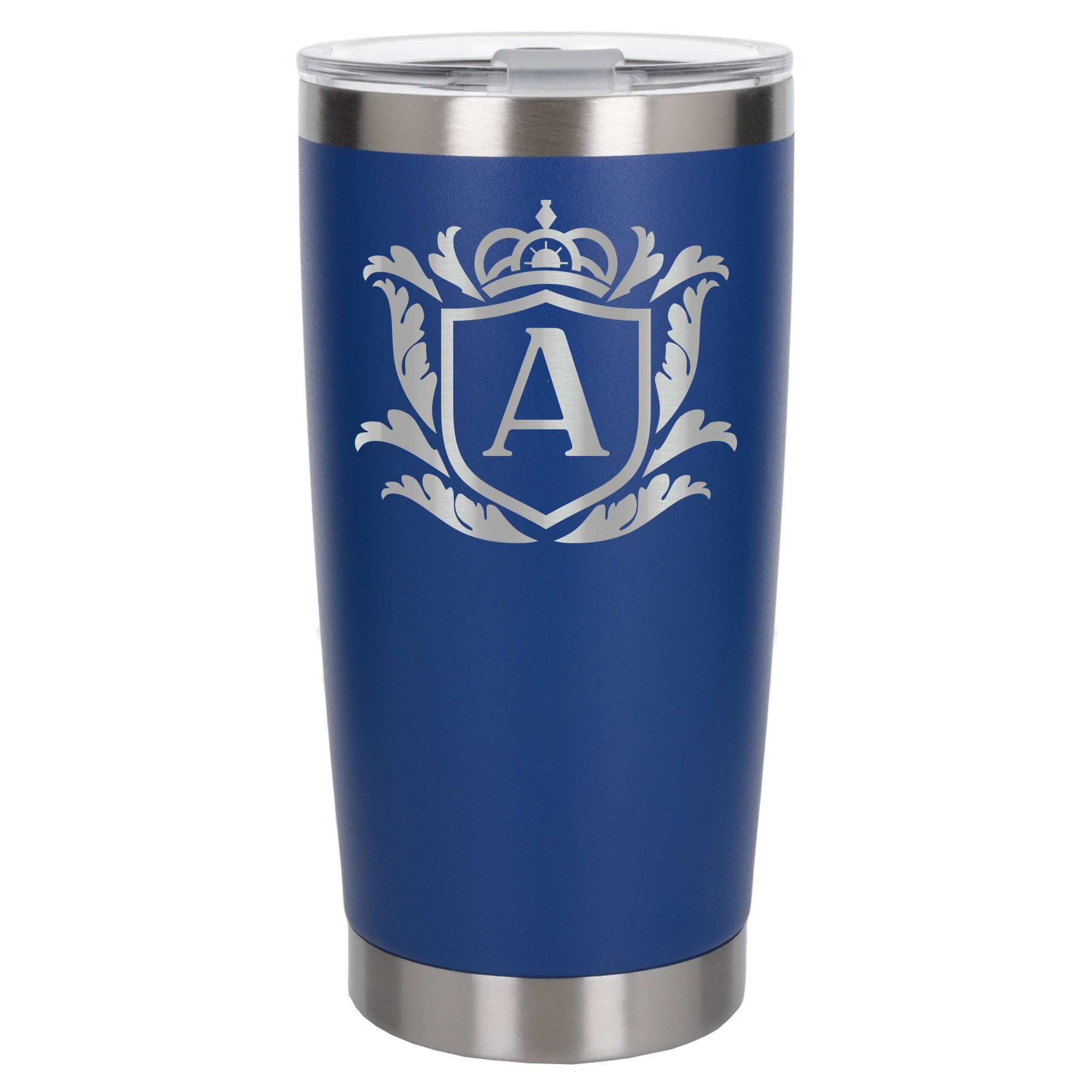 Customised Gifts 500ml Engraved Shield Initial Monogram Insulated Personalised Dark Blue Travel Mug for Men and Women - Personalised Initial Coffee Travel Mug for Hot and Cold Beverages, Letter A