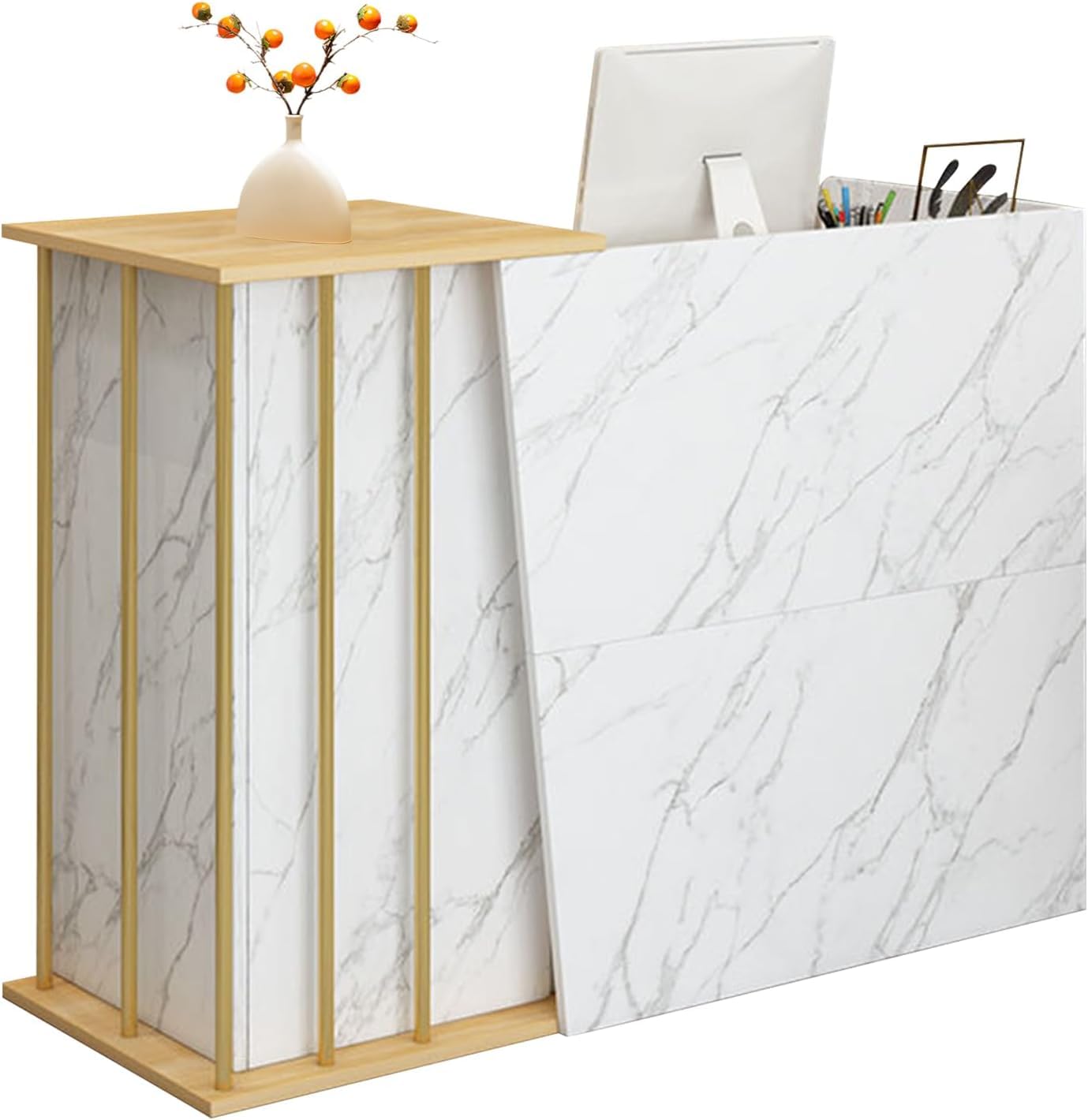 Bancone Reception Curvo in Legno con Cassetti e Gestione Cavi – Scrivania Professionale per Negozio, Parrucchiere, Centro Estetico e Hotel, Ideale per Cassa e Vendita al Dettaglio B 120