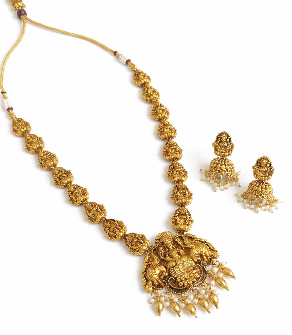 Antique Gold Plated Temple Jewellery Long Necklace Set for Women, with Intricate Lakshmi Coin Chain, Large Lakshmi & Elephant Pendant, Pearl Drops, and Matching Jhumka Earrings and Guttapusalu Necklace Set with Murukku peacock Design-image-14