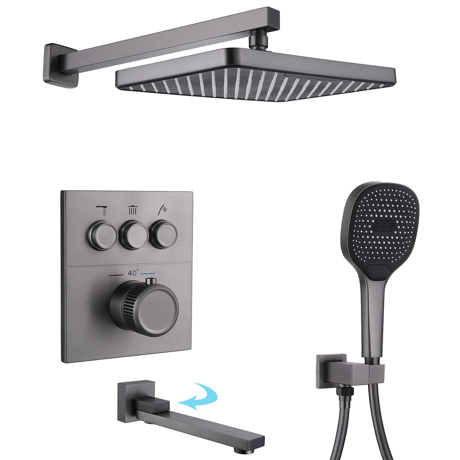 System prysznicowy z termostatem, HSS0465, nowoczesny zestaw prysznicowy podtynkowy, 30 x 20 cm, deszczownica, montaż ścienny, ze słuchawką prysznicową, składany kran wannowy, miedź 59 A