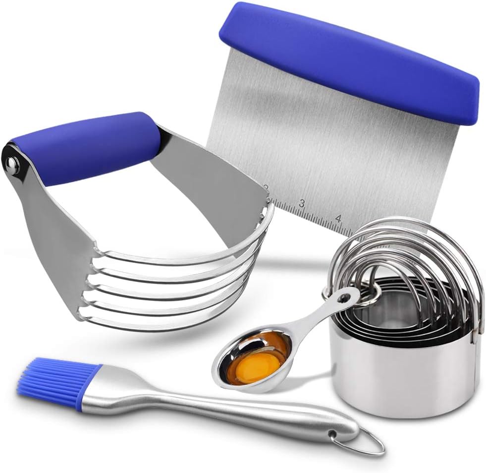 Pastry Cutter Set, EAGMAK Pastry Scraper and Dough Blender, Stainless Steel Dough Cutter Scraper Blender Set, Professional Heavy Duty Baking Dough Tools for Home Kitchen - Blue