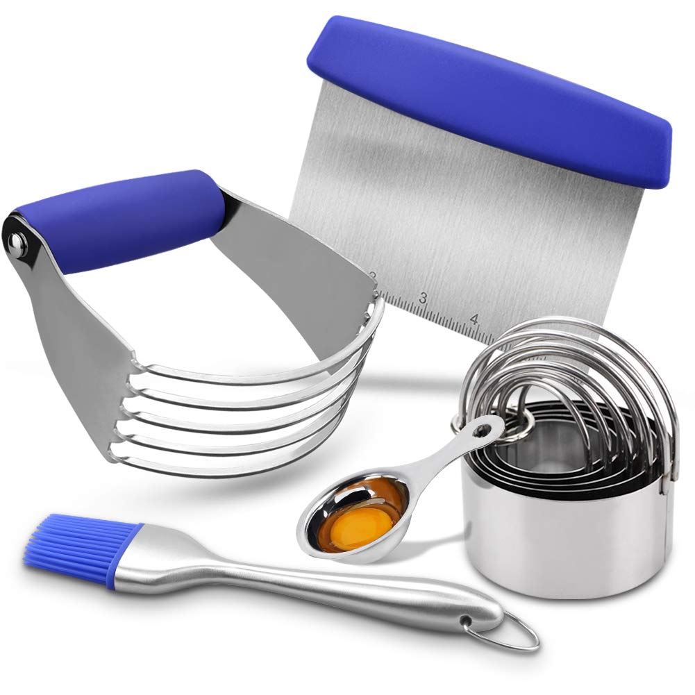 Pastry Cutter Set, EAGMAK Pastry Scraper and Dough Blender, Stainless Steel Dough Cutter Scraper Blender Set, Professional Heavy Duty Baking Dough Tools for Home Kitchen - Blue