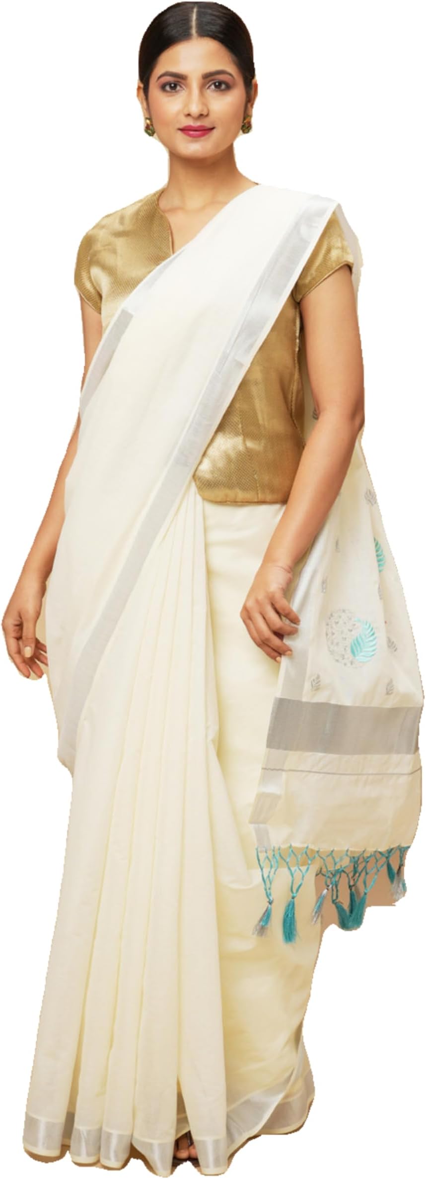 manvish drapes Solid/Plain Kerala Kasavu Pure Cotton Saree with Embroidered Pallu and Tassels