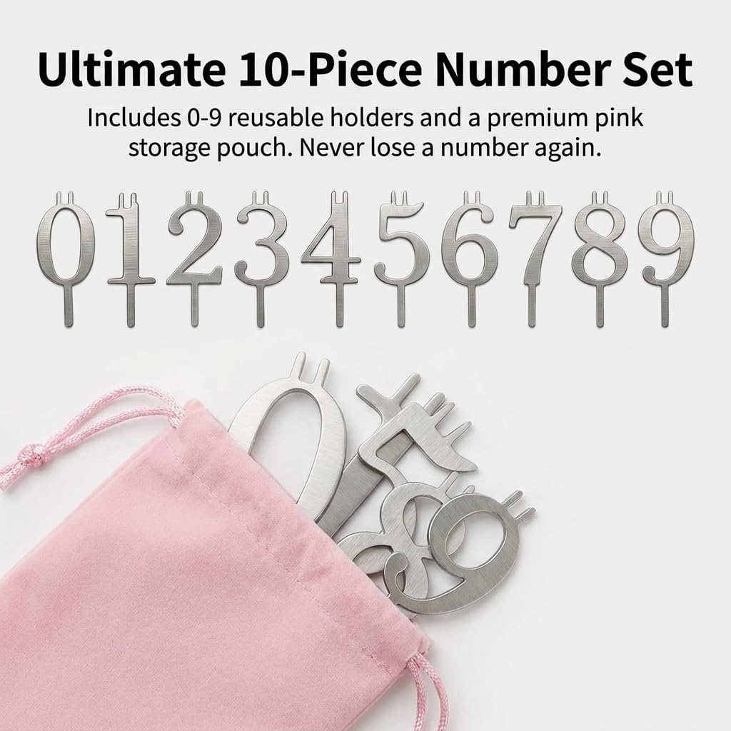 10PCS Reusable Number Birthday Candle Holder Set with Storage Pouch, Adjustable Candles Stand, Number Birthday Cake Candle Holders Set, Party Cakes Accessories (1set)