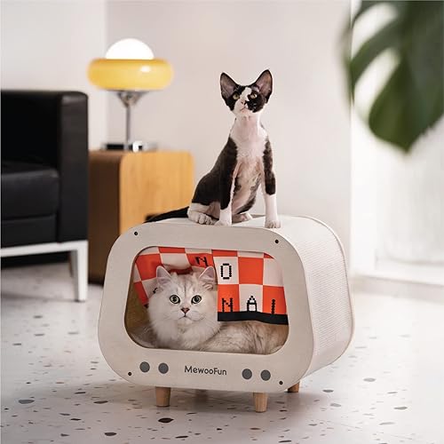 MEWOOFUN Casa de TV para gatos de interior, casa de madera para gatos, cama para gatos, refugio para gatos con cojín reversible suave, cortina de