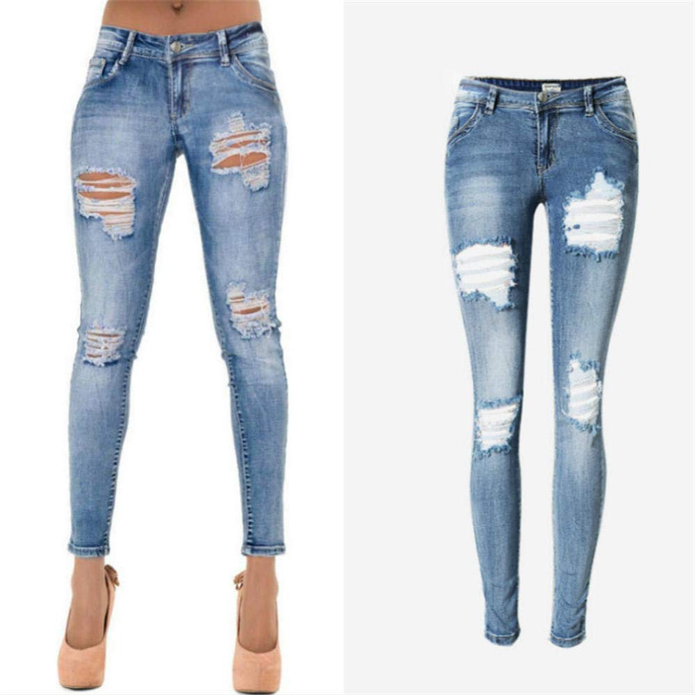 Niedrige Taille Blau zerkratzte Jeans Frauen Mode Loch Distressed Ripped Jeans Femme Push Up gebleichte Vintage Pantalones Mujer-36