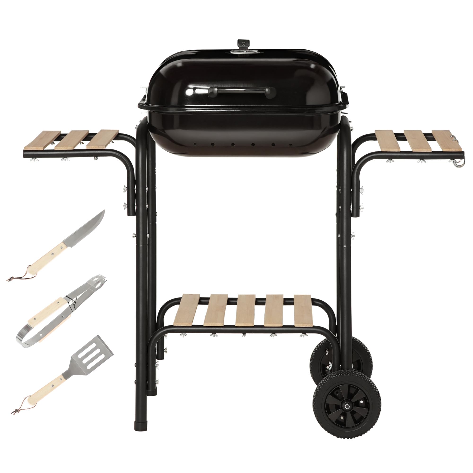 Outsunny Barbecue Carbonella con Griglia, Vasca Carbone Sfiati Regolabile, Carrello BBQ Barbecue Portatile con Coperchio, Termometro, Ripiani