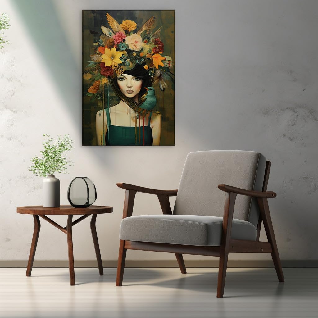 Canvas for Living Room. Enchanted Vision in Oil The Woman with The Floral Headdress and Her Feathered Companion, 27 x 18 inch Canvas Wall Art - Ready to Hang