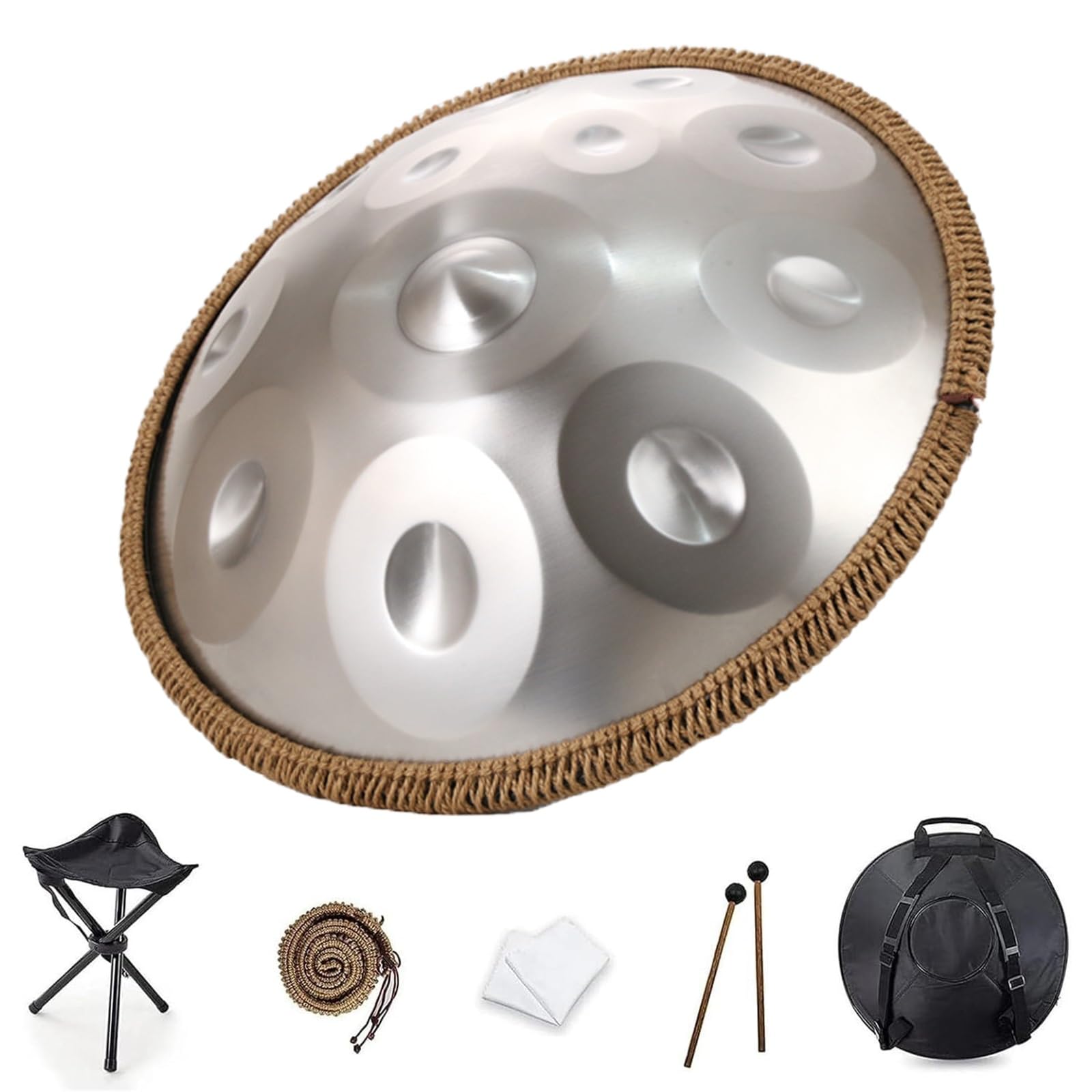 XNZJHPP D Minor Handpan Drum - 22 Steel Percussion Instrument with Carry Bag & 2 Mallets for Music Therapy, Meditation, Yoga, Relaxation, and Stress Relief (Silver 440Hz)