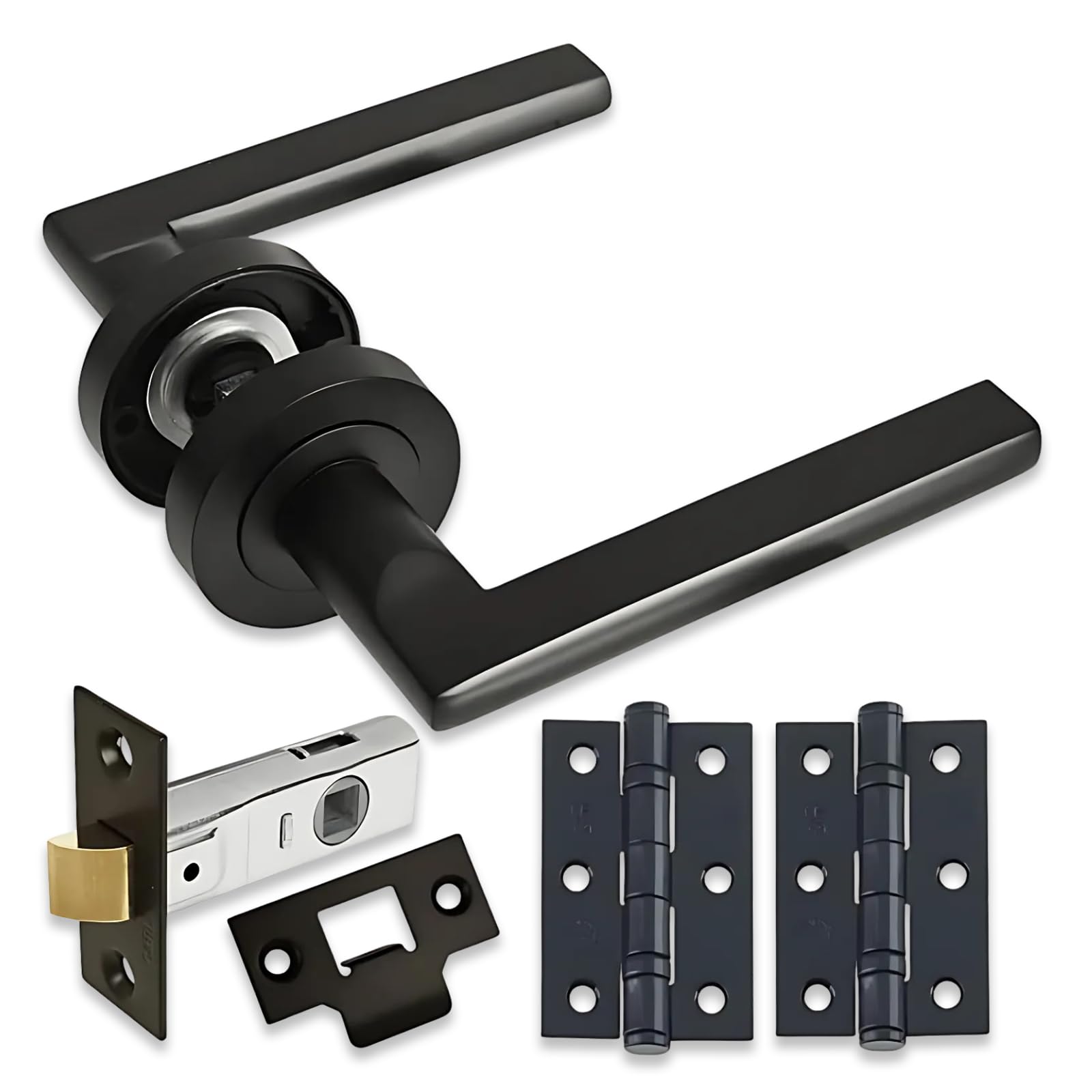 HANDLESTORE Straight Lever on Rose Door Handle - Matt Black Door Handles - Latch, Lock or Bathroom - 3 inch Hinges and 63mm (Latch Pack)