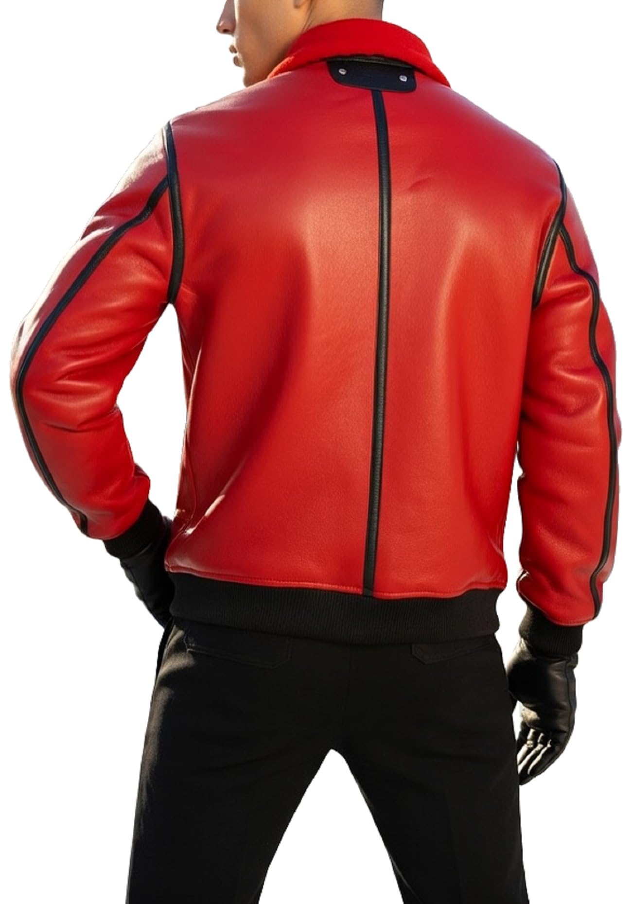 Chaqueta bomber de aviador de cuero rojo para hombre, cuello de piel sintética de oveja estilo B3