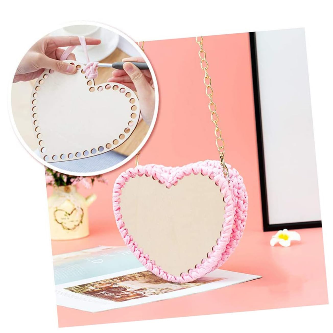 DOITOOL 2pcs Heart Shape Wooden Basket Bottom for Crochet DIY Basket Weaving Supplies Brown