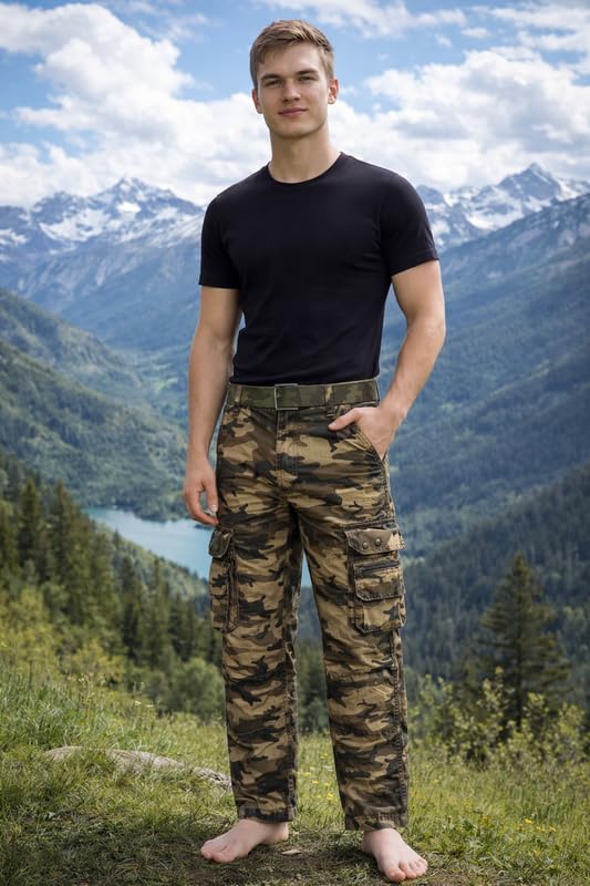 Image of Krystle Men's Camouflage Cargo Pants | Multi-Pocket Military Tactical Trousers | Regular Fit Casual Outdoor Combat Pants (Multicolor,Multisize)