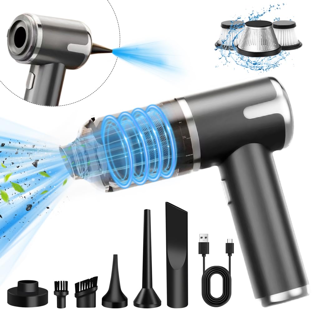 Auziya Car Vacuum Portable Cordless, 15000Pa High Power Handheld Vacuum Cleaner, 4-in-1 Mini Vacuum Cleaner and Air Duster with Multi-Nozzles for Car, Home, Office, Pet (Grey)