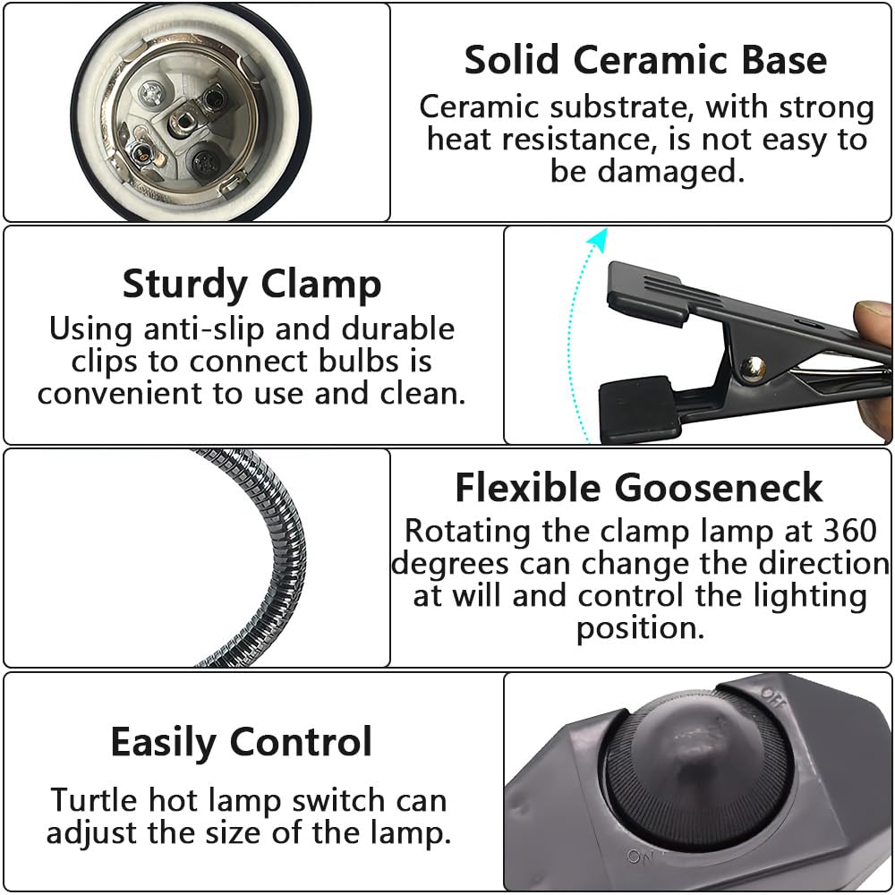 Lampada Riscaldante Per Tartarughe E Rettili Con Timer 2/4/8h, 2 Lampadine UVA UVB 50W E Morsetto Girevole 360° – Terrario Per Tartarughe, Serpenti, Lucertole