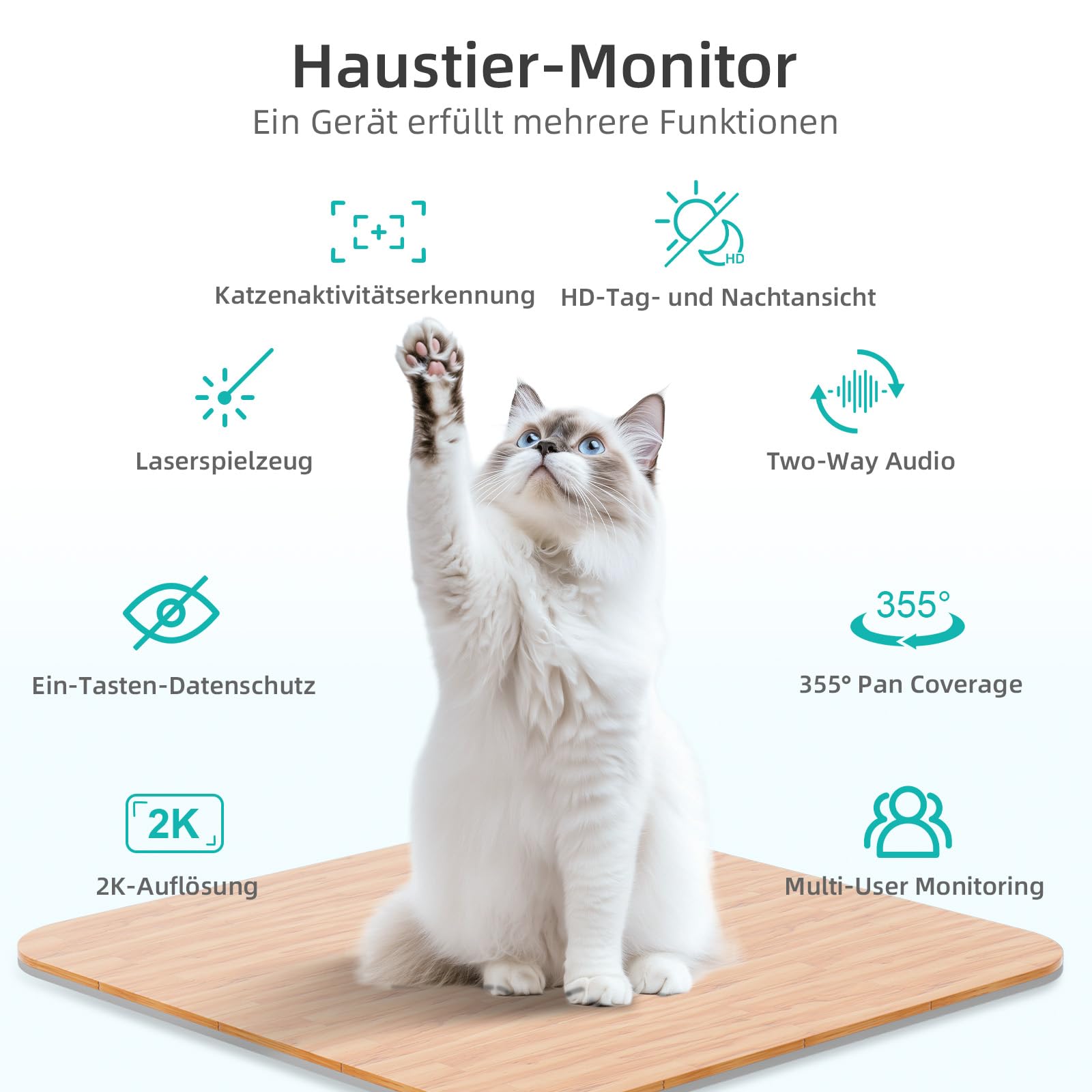 ASFSKY Katzen Kamera Pet Camera with App, Haustierkamera mit App Katzenkamera Heimtierkameras mit Auto-Tracking, Physische Abdeckung für Datenschutz, Bewegungsmelder, Nachtsicht, Audio
