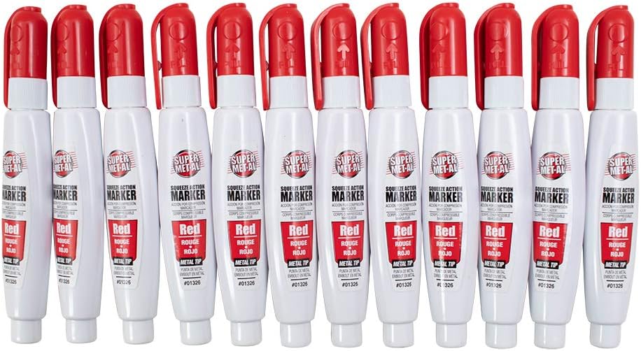 12 Pc Set Red Super Met-Al Fine Tip Paint Marker Pens Weatherproof 1.4mm Stroke Metal Stone Rubber Plastic Glass for Industrial Auto Arts
