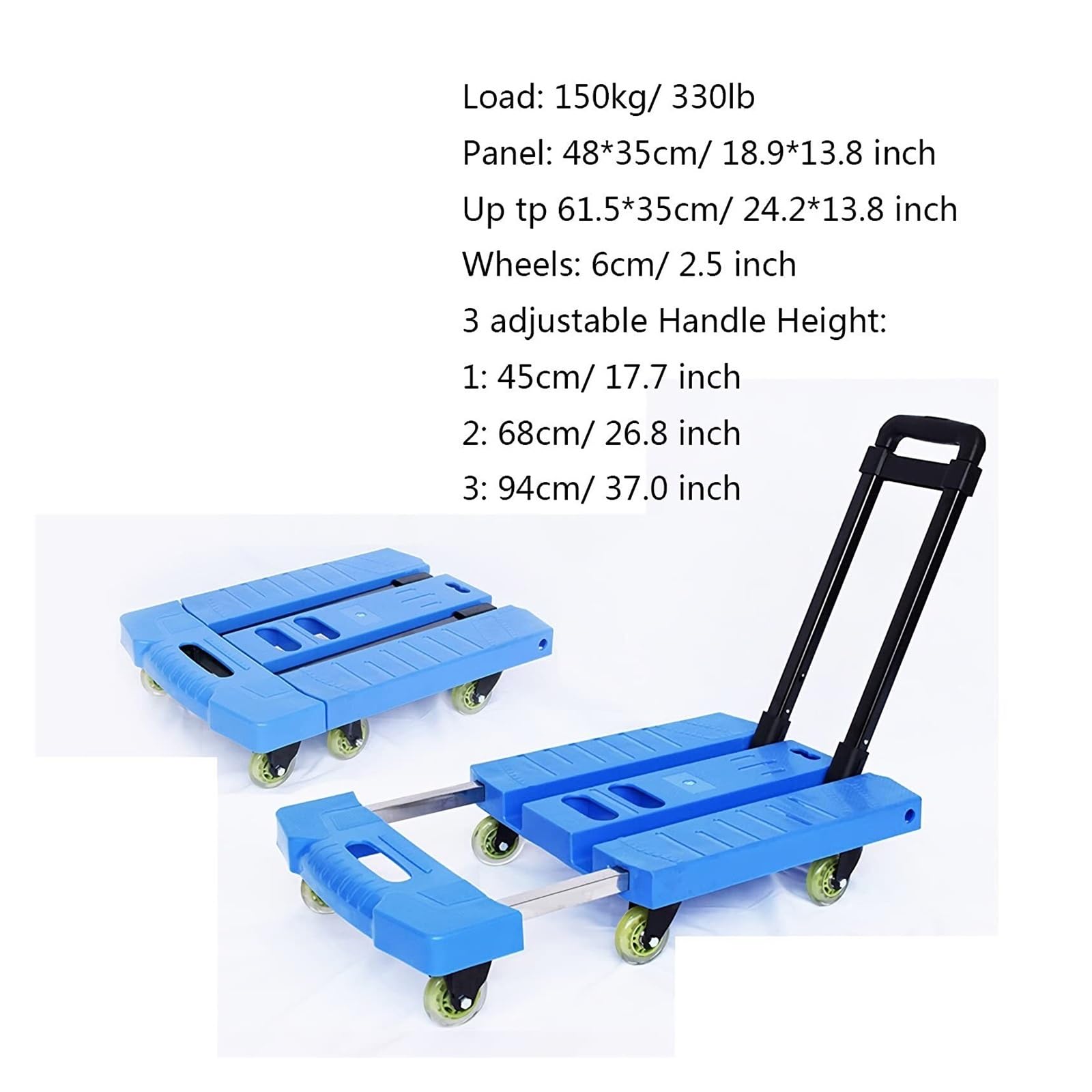 Carrello a mano a pianale e carrello a 6 ruote con manico espandibile, capacità 150 kg per casa, ufficio, viaggi e traslochi