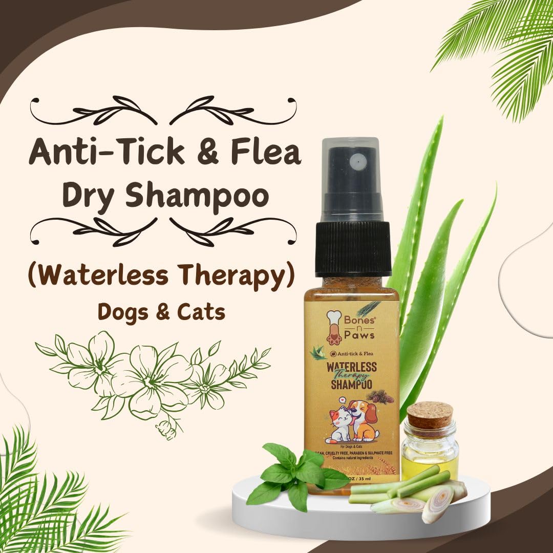 BONES N PAWS Paws Anti-Tick & Flea Dry Shampoo 35Ml Waterless Dog Shampoo Natural Aloe & Oatmeal,& Deodorizing for Dogs & Cats Antiseptic, Antifungal & Antibacterial |All Breeds